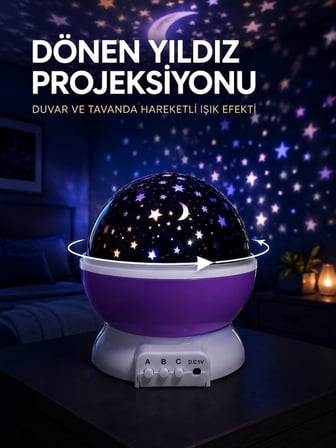 Yıldız Projeksiyon Lambası Döner Başlıklı Renkli Çocuk Odası Gece Işığı