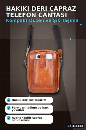 Hakiki Deri Çapraz Telefon Çantası 14x19 cm Kartlıklı El Yapımı Omuz Çantası BX-316133