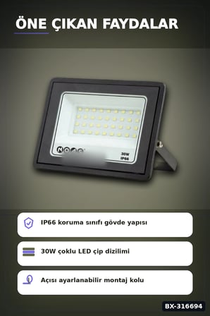 LED Projektör 30W 3200K Gün Işığı Ultra Slim IP66 Dış Mekan Aydınlatma BX-316694