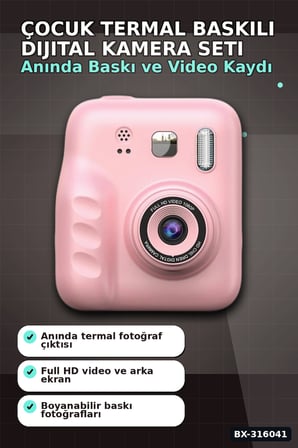 Çocuk Fotoğraf Makinesi Anında Termal Baskılı HD Video Kamera Seti, 4 Rulo ve 5 Kalemli BX-316041