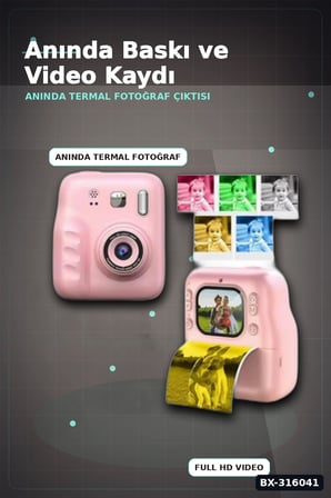 Çocuk Fotoğraf Makinesi Anında Termal Baskılı HD Video Kamera Seti, 4 Rulo ve 5 Kalemli BX-316041