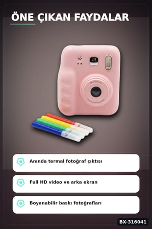 Çocuk Fotoğraf Makinesi Anında Termal Baskılı HD Video Kamera Seti, 4 Rulo ve 5 Kalemli BX-316041