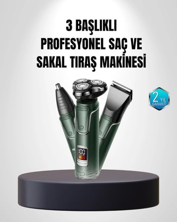 3D Akıllı Kesim Teknolojili Şarjlı Tıraş Seti – 3 Başlıklı, Paslanmaz Çelik Bıçaklı