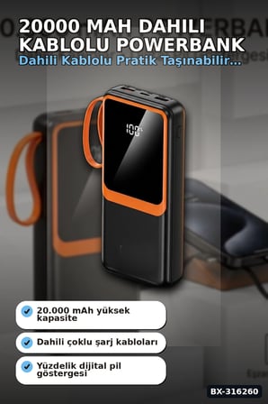 20000 mAh Powerbank Dahili Çoklu Kablolu ve Dijital Göstergeli Taşınabilir Şarj Cihazı BX-316260