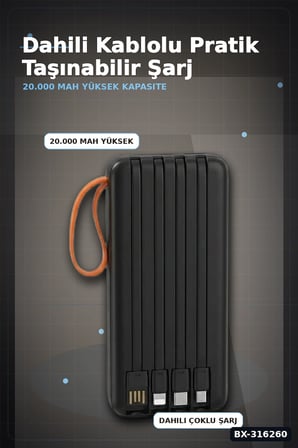 20000 mAh Powerbank Dahili Çoklu Kablolu ve Dijital Göstergeli Taşınabilir Şarj Cihazı BX-316260