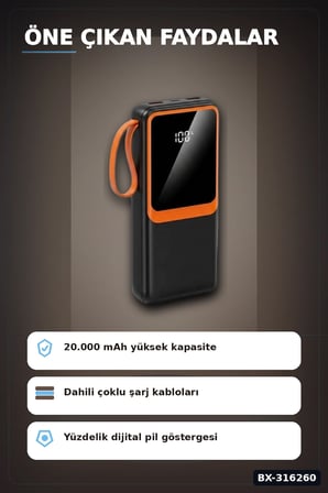 20000 mAh Powerbank Dahili Çoklu Kablolu ve Dijital Göstergeli Taşınabilir Şarj Cihazı BX-316260