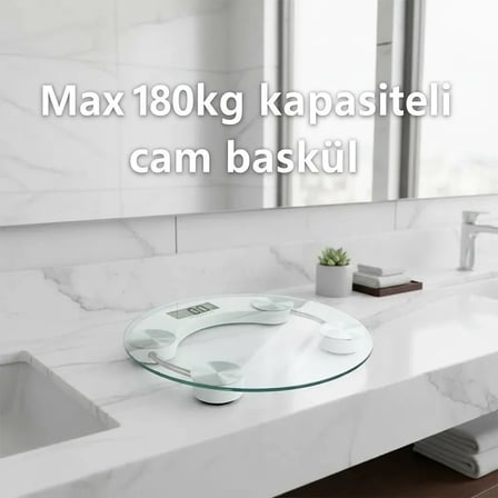 Yuvarlak Şeffaf Dijital Cam Baskül Tartı – 180 Kg Taşıma Kapasitesi, Hassas Ölçüm, Şık Tasarım Teraz