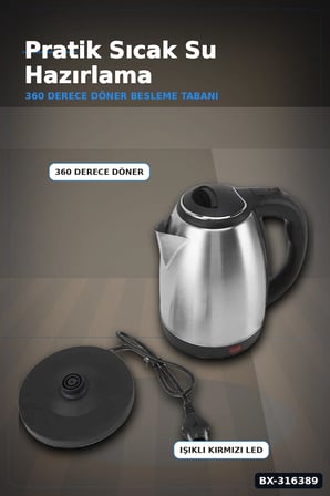 Paslanmaz Çelik Su Isıtıcı Kettle 1.8 Litre Otomatik Kapanan Gizli Rezistans Inox BX-316389