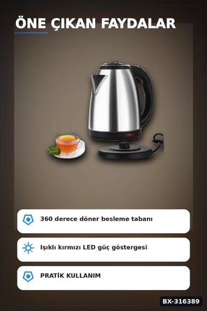 Paslanmaz Çelik Su Isıtıcı Kettle 1.8 Litre Otomatik Kapanan Gizli Rezistans Inox BX-316389