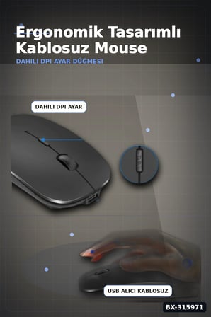 Kablosuz Mouse Sessiz Tıklamalı 1600 DPI 43 gr USB Alıcılı Ergonomik Fare BX-315971