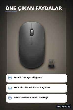 Kablosuz Mouse Sessiz Tıklamalı 1600 DPI 43 gr USB Alıcılı Ergonomik Fare BX-315971