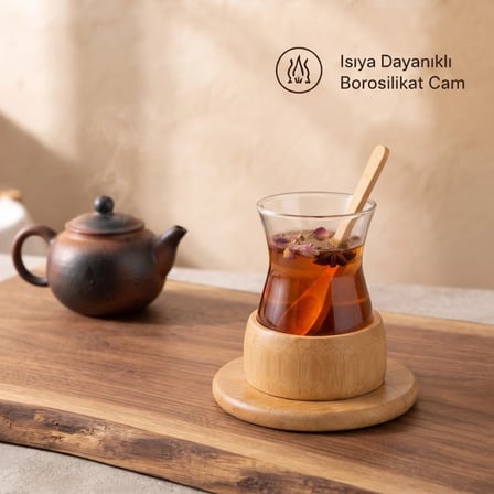 Isıya Dayanıklı 6 Adet Borosilikat Cam Bambu Çay Seti - 18 Parça Doğal Sunum BX-313778