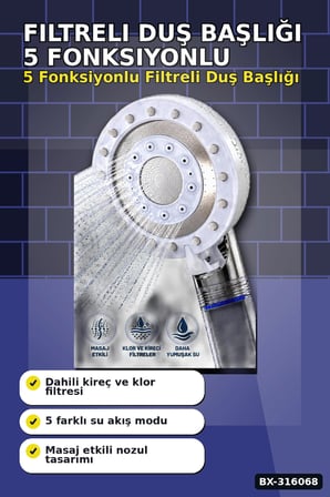 Filtreli Duş Başlığı 5 Fonksiyonlu Etkili Banyo Başlığı, Klor Kireç Filtreleme BX-316068