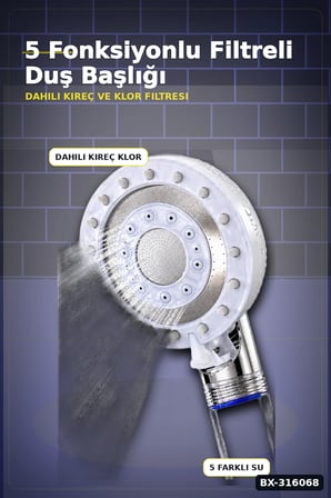 Filtreli Duş Başlığı 5 Fonksiyonlu Etkili Banyo Başlığı, Klor Kireç Filtreleme BX-316068