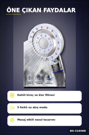 Filtreli Duş Başlığı 5 Fonksiyonlu Etkili Banyo Başlığı, Klor Kireç Filtreleme BX-316068
