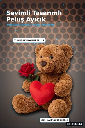 Peluş Oyuncak Ayıcık 25 cm Güllü Kalpli Tasarım - Sevimli Hediyelik Model BX-316344