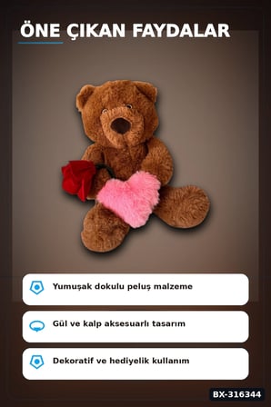 Peluş Oyuncak Ayıcık 25 cm Güllü Kalpli Tasarım - Sevimli Hediyelik Model BX-316344