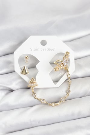 Pirinç Renk Yıldızlı Model Zincir Bağlantılı Ear Cuff Küpe Seti