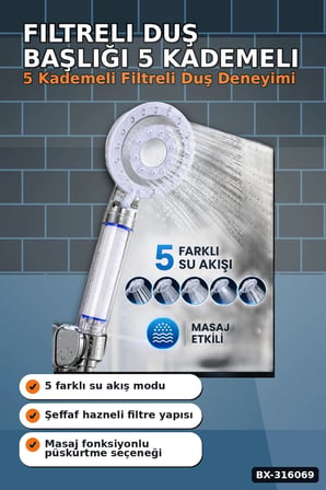 Filtreli Duş Başlığı 5 Kademeli Etkili Banyo El Duşu, Krom Detaylı BX-316069