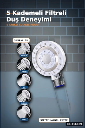 Filtreli Duş Başlığı 5 Kademeli Etkili Banyo El Duşu, Krom Detaylı BX-316069