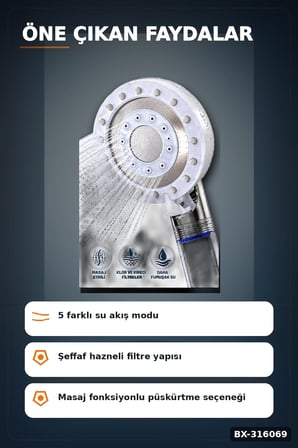 Filtreli Duş Başlığı 5 Kademeli Etkili Banyo El Duşu, Krom Detaylı BX-316069