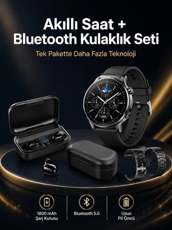 Kablosuz Bluetooth Kulaklık ve Kordon Hediyeli Akıllı Saat Nabız Ölçer Uzun Pil Ömrü