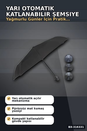 Yarı Otomatik Katlanabilir Şemsiye Orta Boy Siyah Desenli Ergonomik Saplı 1 Adet BX-316331