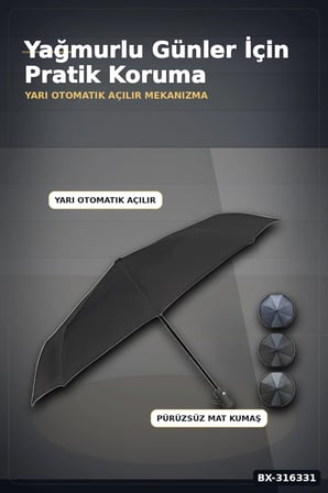 Yarı Otomatik Katlanabilir Şemsiye Orta Boy Siyah Desenli Ergonomik Saplı 1 Adet BX-316331