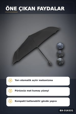 Yarı Otomatik Katlanabilir Şemsiye Orta Boy Siyah Desenli Ergonomik Saplı 1 Adet BX-316331