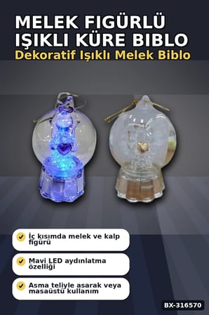 Melek Figürlü Işıklı Küre Biblo 9x6 cm - İpli Asılabilir Dekoratif Süs BX-316570