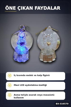 Melek Figürlü Işıklı Küre Biblo 9x6 cm - İpli Asılabilir Dekoratif Süs BX-316570