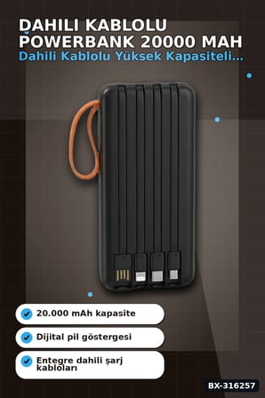 Dahili Kablolu Powerbank 20000 mAh Dijital Göstergeli Askılı Taşınabilir Şarj Cihazı BX-316257