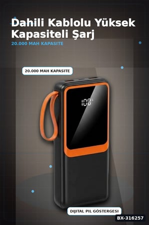 Dahili Kablolu Powerbank 20000 mAh Dijital Göstergeli Askılı Taşınabilir Şarj Cihazı BX-316257