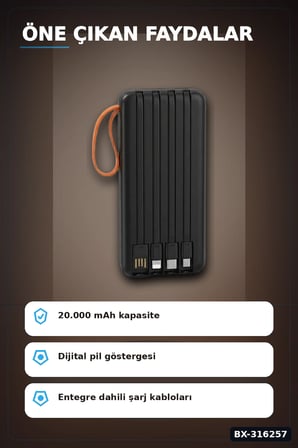 Dahili Kablolu Powerbank 20000 mAh Dijital Göstergeli Askılı Taşınabilir Şarj Cihazı BX-316257