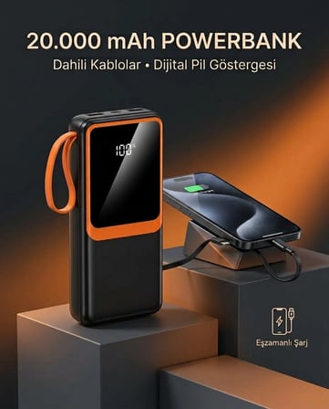 Powerbank 20000 mAh Dahili Kablolu Dijital Göstergeli Taşınabilir Şarj Cihazı Askılı BX-316259