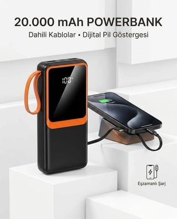Powerbank 20000 mAh Dahili Kablolu Dijital Göstergeli Taşınabilir Şarj Cihazı Askılı BX-316259