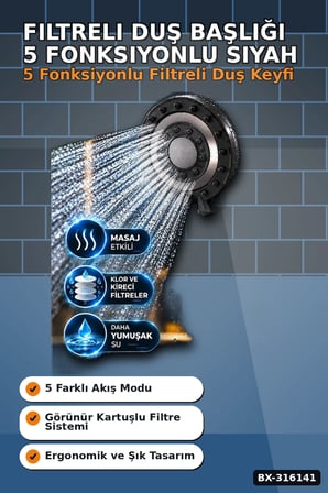 Filtreli Duş Başlığı 5 Fonksiyonlu Etkili Kireç Önleyici Banyo Başlığı Siyah BX-316141