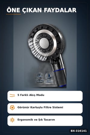 Filtreli Duş Başlığı 5 Fonksiyonlu Etkili Kireç Önleyici Banyo Başlığı Siyah BX-316141