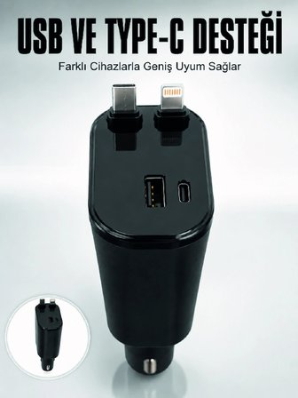 Araç Çakmaklık Şarj Cihazı 120W Type-C & Lightning Kablolu Çoklu Hızlı Şarj İstasyonu