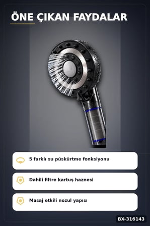 Filtreli Duş Başlığı 5 Fonksiyonlu Etkili Kireç ve Klor Önleyici El Tipi BX-316143