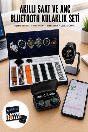Ucuz Kaliteli Yeni Nesil 7 Kordonlu Akıllı Saat ve Kablosuz Bluetooth Kulaklık ANC Özelliği