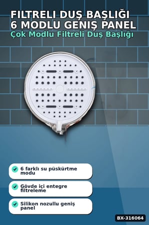 Filtreli Duş Başlığı 6 Modlu Geniş Panel Silikon Nozullu Banyo Duş Başlığı Beyaz BX-316064