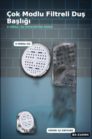 Filtreli Duş Başlığı 6 Modlu Geniş Panel Silikon Nozullu Banyo Duş Başlığı Beyaz BX-316064