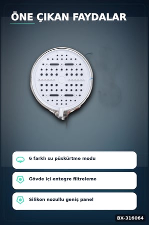Filtreli Duş Başlığı 6 Modlu Geniş Panel Silikon Nozullu Banyo Duş Başlığı Beyaz BX-316064