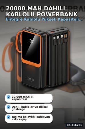 20000 mAh Powerbank Kendinden Kablolu Dijital Göstergeli Taşınabilir Şarj Cihazı BX-316261