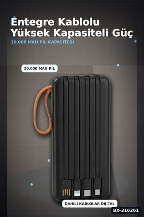 20000 mAh Powerbank Kendinden Kablolu Dijital Göstergeli Taşınabilir Şarj Cihazı BX-316261