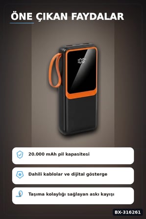 20000 mAh Powerbank Kendinden Kablolu Dijital Göstergeli Taşınabilir Şarj Cihazı BX-316261