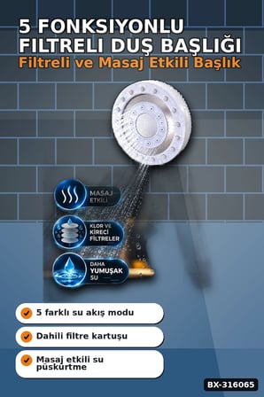 5 Fonksiyonlu Filtreli Duş Başlığı, Kireç ve Klor Arıtmalı El Duşu Beyaz BX-316065