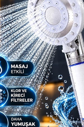 5 Fonksiyonlu Filtreli Duş Başlığı, Kireç ve Klor Arıtmalı El Duşu Beyaz BX-316065