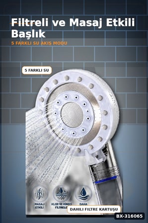 5 Fonksiyonlu Filtreli Duş Başlığı, Kireç ve Klor Arıtmalı El Duşu Beyaz BX-316065